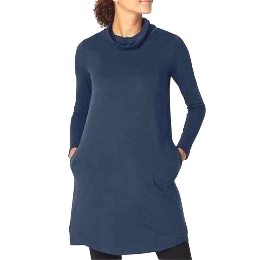 Pure jill Luxe Tencel Cowl Neck Jersey Dress Blue Long Sleeve Pockets size XS